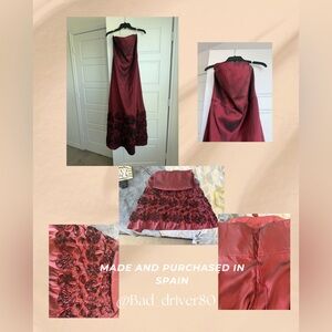 Prom Ready! Strapless Burgundy Evening Gown with Rosette Hem Made in Spain